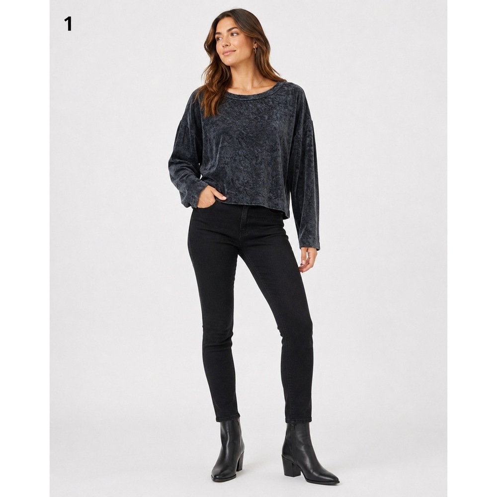 Free People Crushed Velvet Long Sleeve Crew Neck Sweatshirt Top Gray Womens XS